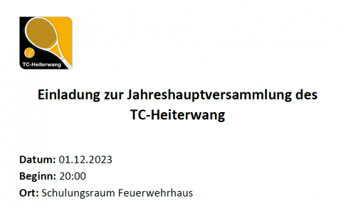 Einladung zur Jahreshauptversammlung des TC-Heiterwang 